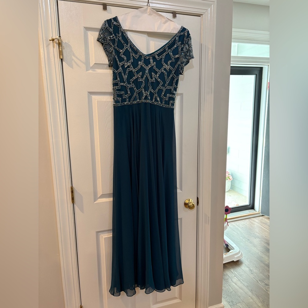 J Kara Teal Maxi Dress with Silver Embellishments